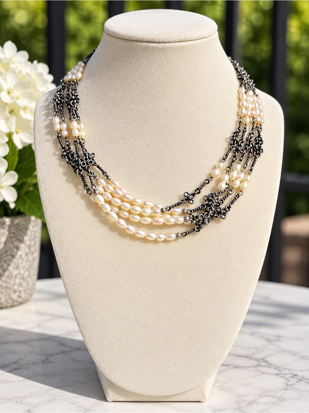 Silpada Cream Pearl Multi-Strand Necklace with Oxidized Silver Chains